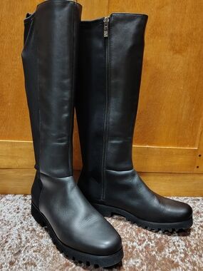 Black Donald J Pliner Knee-High Leather Lug Sole Riding Boots